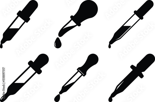Set of six black and white silhouettes of laboratory droppers dispensing liquid