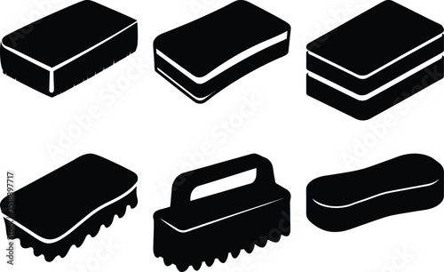 Collection of cleaning sponges and scrubbing brushes isolated on white background