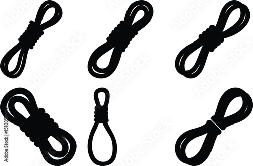 Silhouette icons of six different rope knot shapes, Set of six black silhouette icons showing various types of rope knots, each with different tying methods and orientations.

