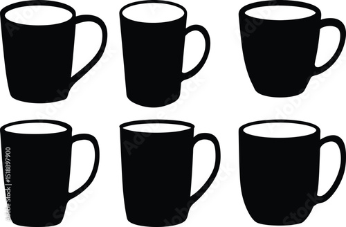 A pattern of six black mugs with white interiors on a white background