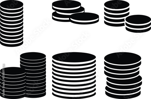 Stylized monochrome vector image featuring stacks of coins in varying amounts