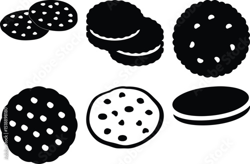 A collection of different cookie designs in black and white illustration
