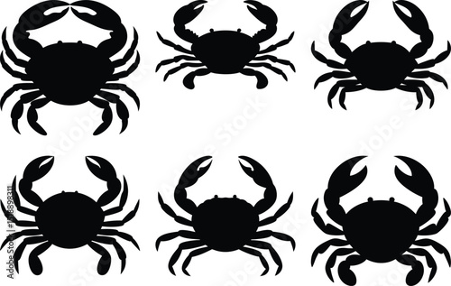 Silhouette icons of six crab shapes, Set of six black silhouette icons showing various crab shapes, each with distinct claws and legs in different poses.
