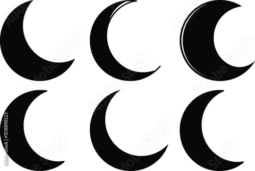 Silhouette icons of six crescent moon shapes, Set of six black silhouette icons showing different crescent moon shapes, with varying sizes and orientations.
