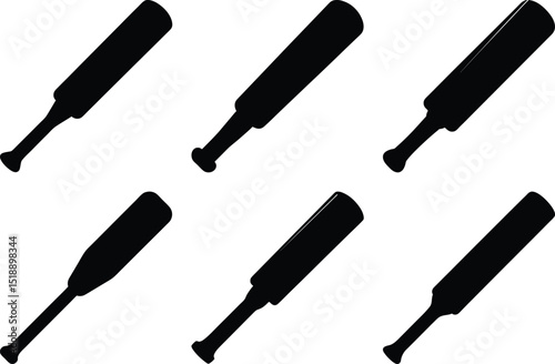Silhouette icons of six different baseball bats, Set of six black silhouette icons depicting various styles of baseball bats, shown in different orientations and shapes.
