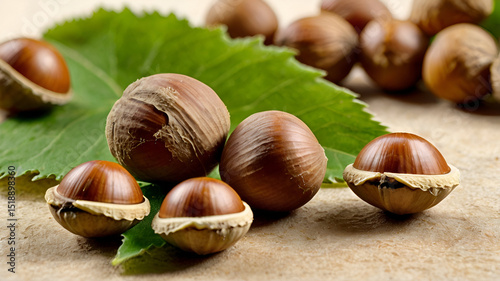 Closeup of some brown hazelnuts with shells accompanied by fresh green leaves white background Generate AI,