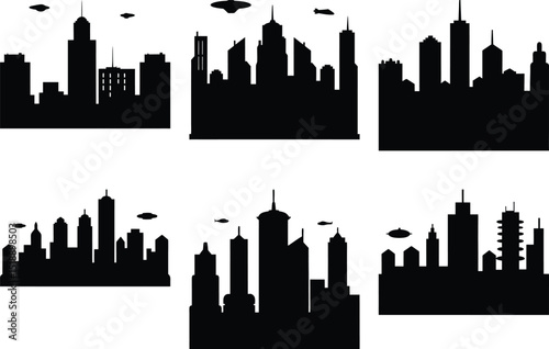 Black and white silhouettes of futuristic cityscapes with flying saucers and planes