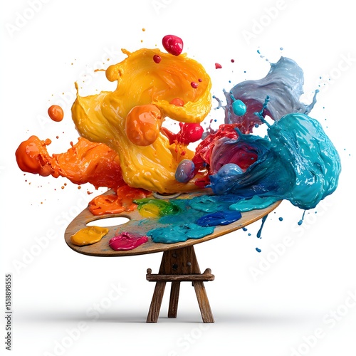 paint palette floating with colorful blobs gently mixing mid-air captured in motion and beautifully isolated on white background