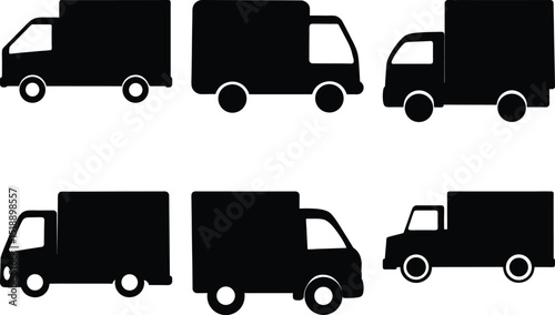A collection of delivery truck silhouettes used for transportation services and logistics