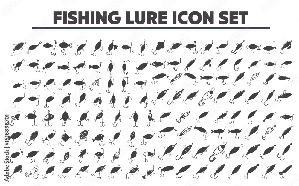 Fototapeta premium Buzzbait fishing lure Icon Set. Jigs fishing lure Icon Set. Spinnerbait fishing lureIcon Set. Spoons Lure Icon Set. Vector illustration. For website design, logo, app, template, ui, etc.