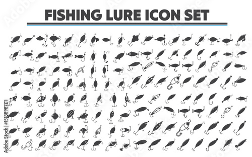 Buzzbait fishing lure Icon Set. Jigs fishing lure Icon Set. Spinnerbait fishing lureIcon Set. Spoons Lure Icon Set. Vector illustration. For website design, logo, app, template, ui, etc.