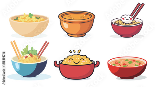 Cute cartoony ramen vector illustration featuring a steaming bowl of noodles with expressive face, chopsticks, toppings like egg and seaweed, in playful kawaii style perfect for Asian food themes, 