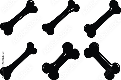 Silhouette icons of six dog bone shapes, Set of six black silhouette icons featuring various dog bone shapes, commonly used as dog treats or toys.

