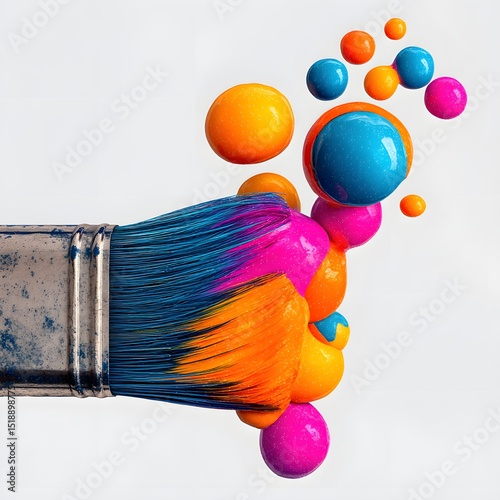 glowing paintbrush releasing luminous color spheres hovering mid-air perfectly isolated on white background in clean visual space
