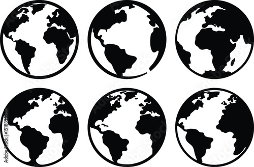 Six black and white graphic globe earth icons in varying orientations