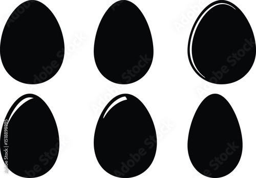 Silhouette icons of six simple glossy egg shapes, Set of six black silhouette icons featuring smooth, oval-shaped eggs with subtle highlights for a glossy effect.

