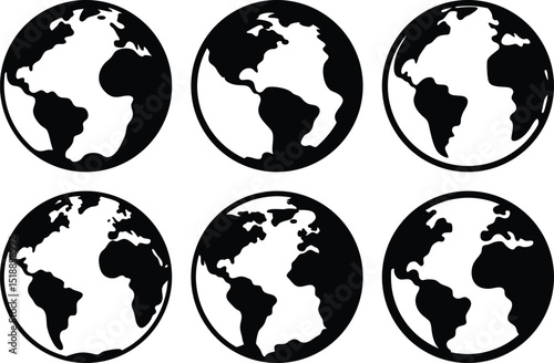 Collection of Vector Earth Planet Icon Globe Black and White Isolated Design