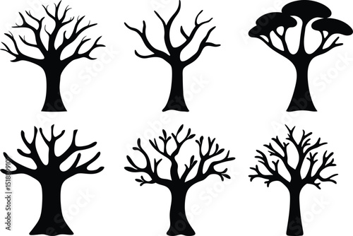 Silhouette icons of six different leafless tree shapes, Set of six black silhouette icons showing various leafless trees with distinct branch patterns and shapes.
