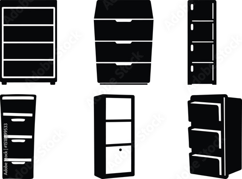 Silhouette icons of six different storage cabinets, Set of six black silhouette icons showing various types of storage cabinets and drawers for home or office use.
