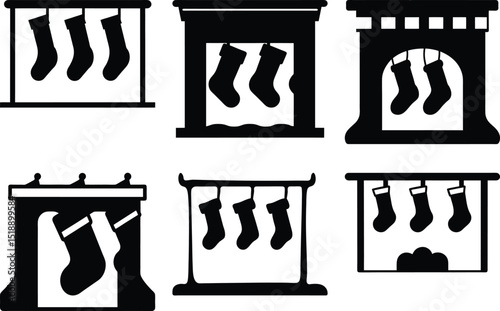 Collection of Fireplace Christmas Stockings Icon Images in Black and White