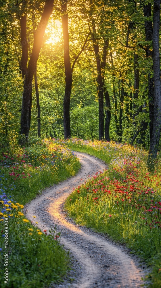 Obraz premium Serene forest scene with winding dirt path surrounded by colorful wildflowers and tall green trees du bright sunny day, peaceful nature landscape photography