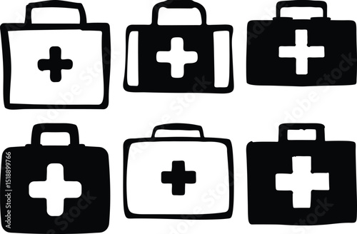 Stylized Black and White First Aid Kit Icons in Simple Composition