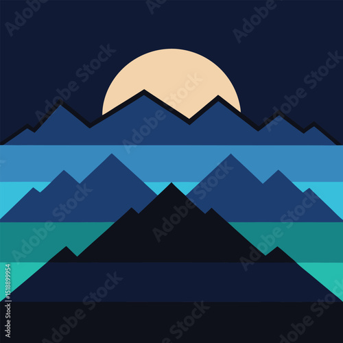 Minimalist mountain landscape vector art in blue with rising sun or moon