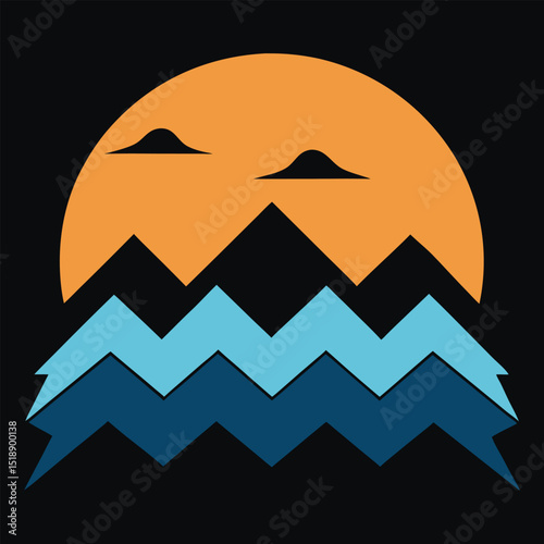 Geometric mountain landscape with rising sun minimalist vector illustration art