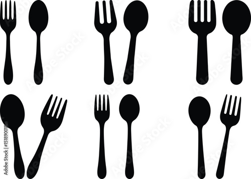 Stylized fork and spoon set in black silhouette, repeated pattern design