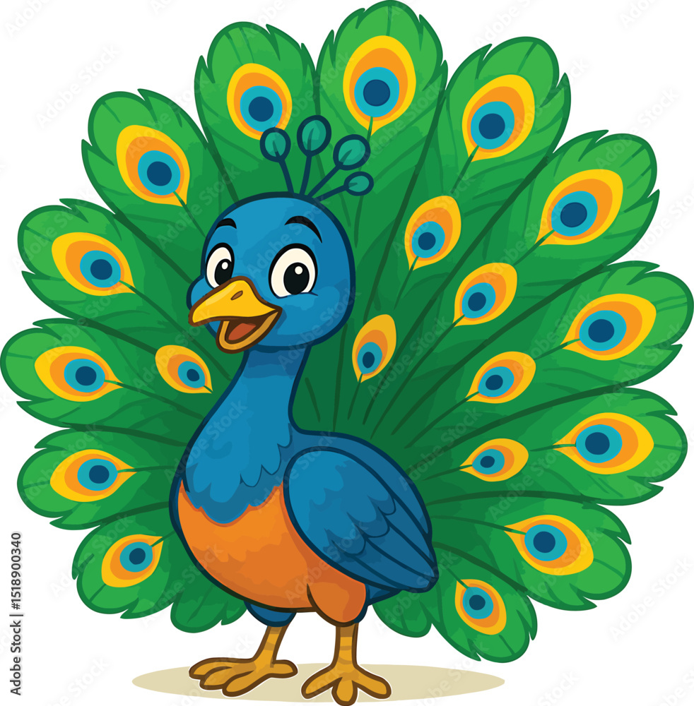 Fototapeta premium Adorable Cartoon Peacock with Vibrant Tail Feathers, a Charming Illustration