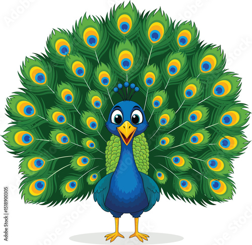 Adorable Cartoon Peacock with Vibrant Tail Feathers, a Charming Illustration