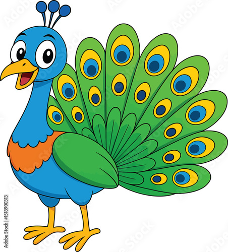 Adorable Cartoon Peacock with Vibrant Tail Feathers, a Charming Illustration