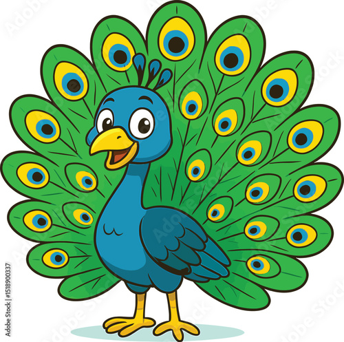 Adorable Cartoon Peacock with Vibrant Tail Feathers, a Charming Illustration