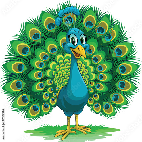 Adorable Cartoon Peacock with Vibrant Tail Feathers, a Charming Illustration