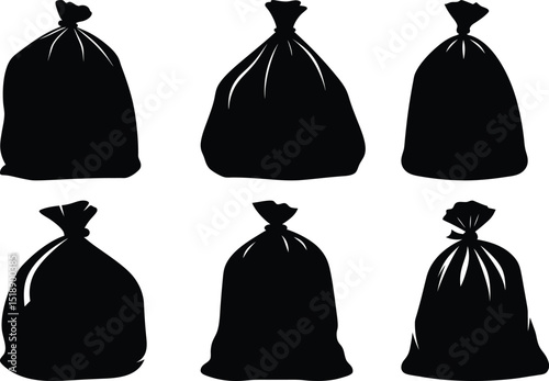 Silhouette illustration of six tied black plastic trash or garbage bags