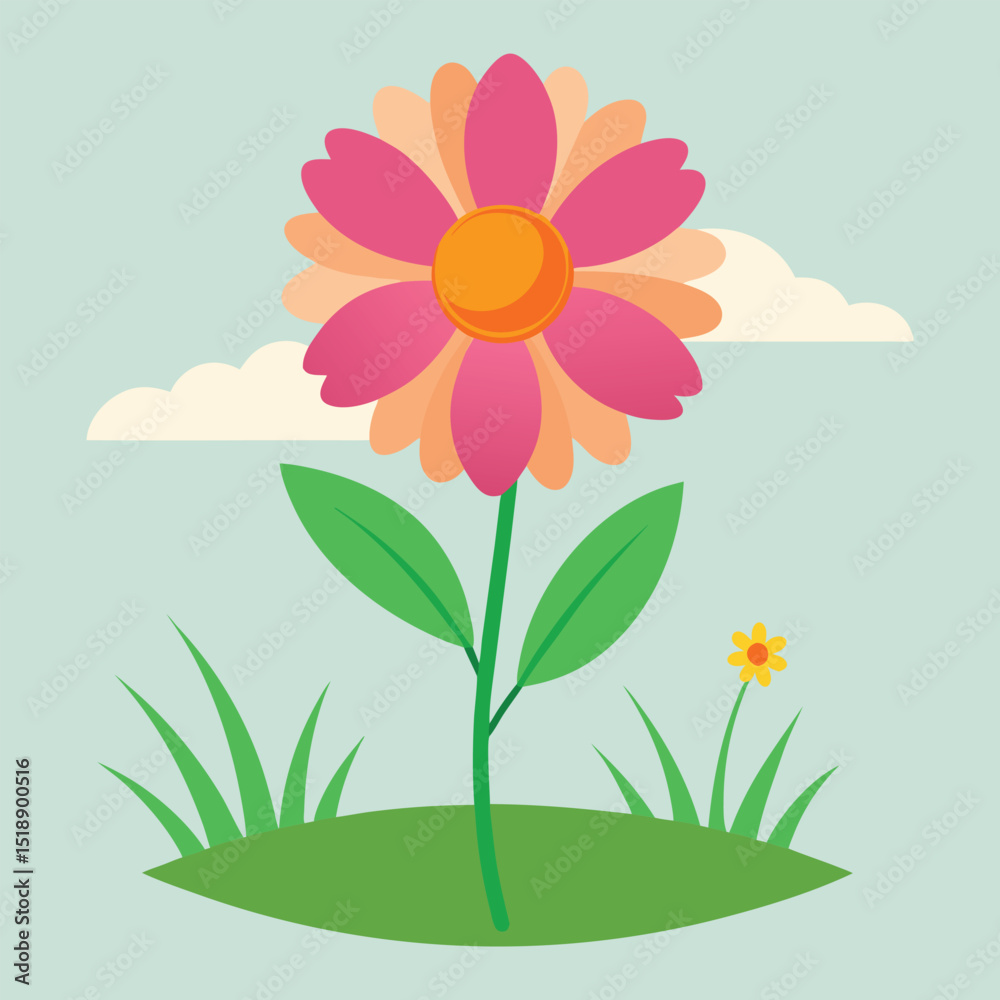 Naklejka premium Pink and peach flower on a hill with blue sky and clouds