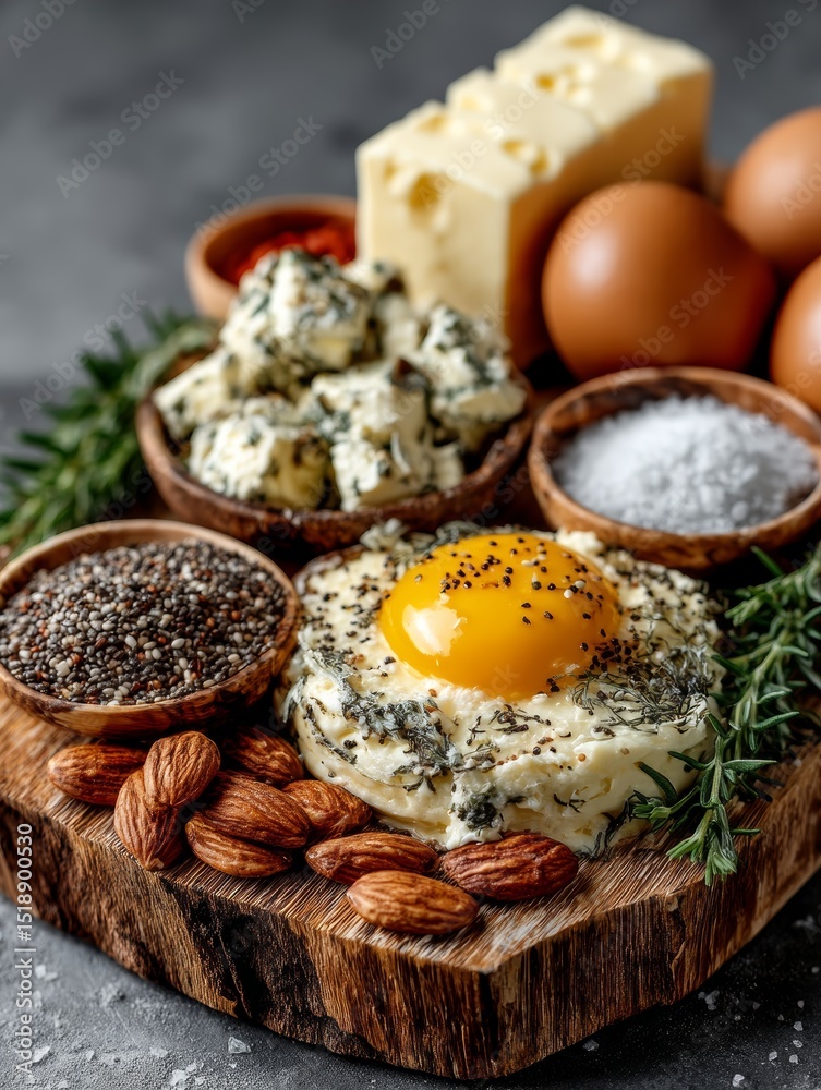 Fototapeta premium Natural Cooking Ingredients on Wooden Board with Eggs, Herbs, and Nuts