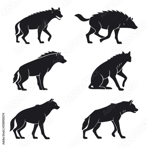 Silhouette set of hyenas in different poses against a white background illustration