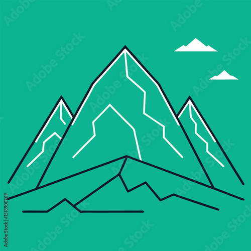 Minimalist mountain range vector illustration with white snow and teal green background