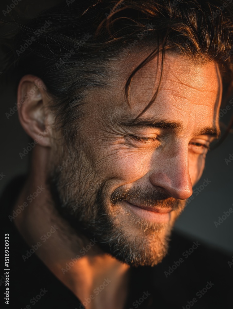 Fototapeta premium Man Working in Sunlight with a Peaceful Expression during Evening Light