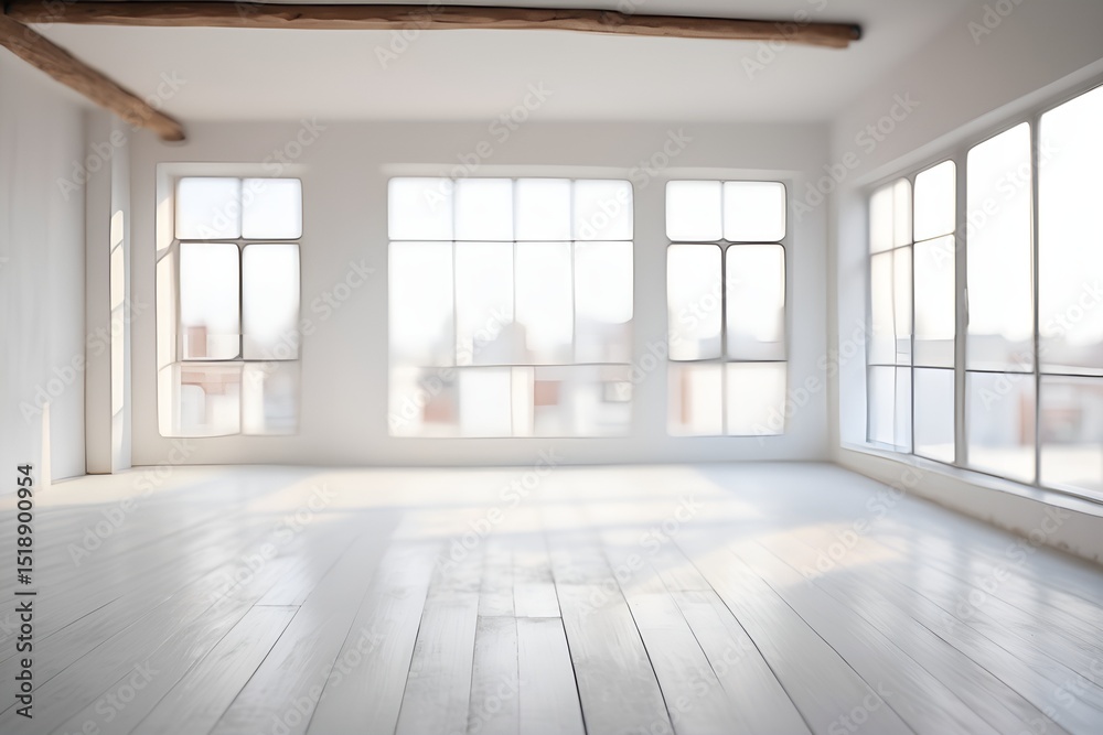 Fototapeta premium Bright, empty white room with wooden floors and large windows floods the space with natural light.