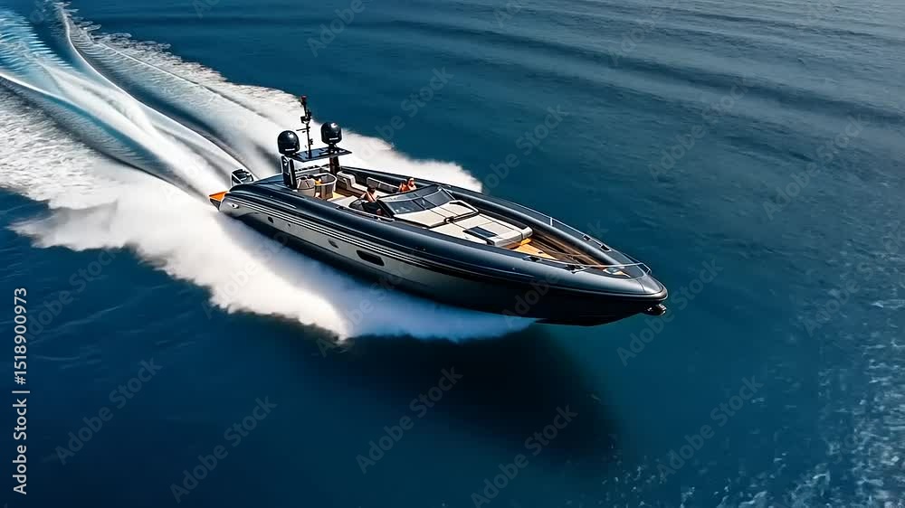 High-speed luxury motorboat racing across clear blue ocean waters with gentle waves in the background