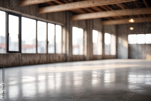 Bright  spacious interior with expansive windows  wooden beams  and polished concrete floors.