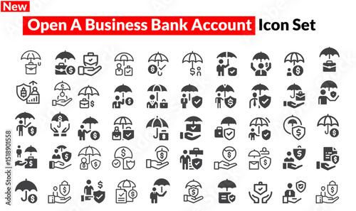 Open a business bank account Icon Set.  Money and payment solid icons. Containing money bag, coin, exchange, credit card solid icons collection. Vector illustration.