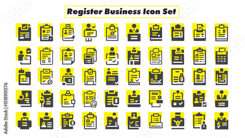 Register business Icon Set. Clipboard liner icon vector set. bag, coin, exchange, credit card solid icons collection. Vector illustration.