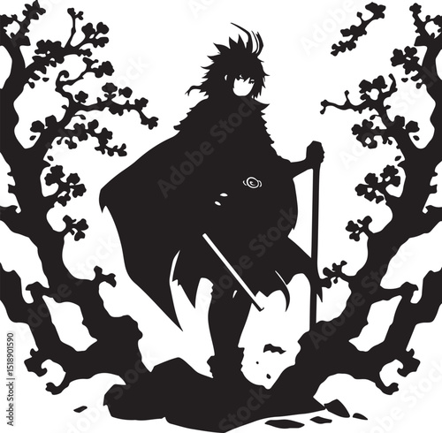 Expressive isekai anime vector silhouette, black and white, on a white background. The style should be elegant and timeless, employing classic vector techniques for a sophisticated look