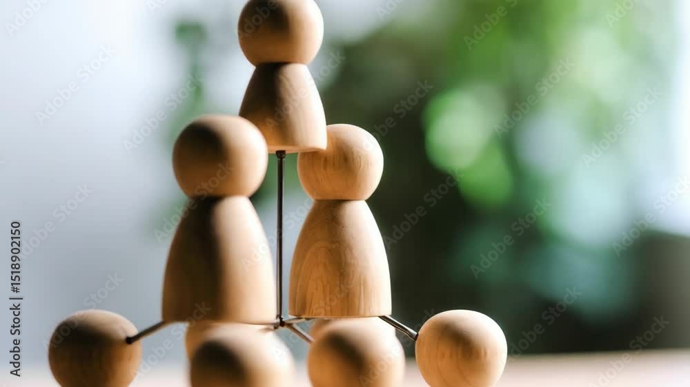 Wooden figurines arranged in a pyramid on a wooden surface with greenery background, leadership and teamwork illustration, organizational structure.