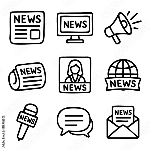 A set of doodle line icons illustrating news media, journalism tools, broadcasts, newspapers, global reports, and press coverage