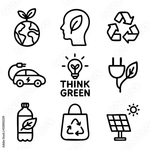 A set of doodle line icons illustrating eco-friendly living, renewable energy, recycling, electric transport, and environmental awareness