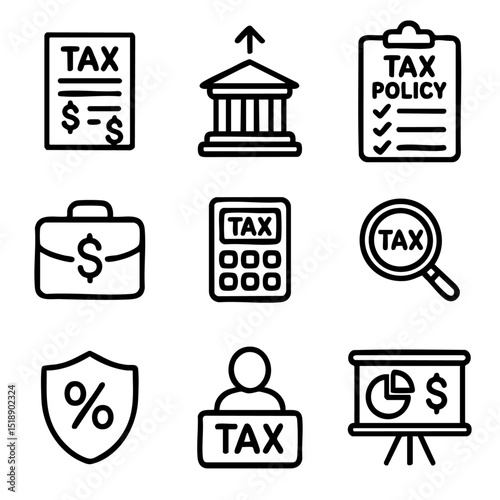 A set of doodle line icons illustrating tax documents, financial calculations, government policy, audits, and economic presentations
